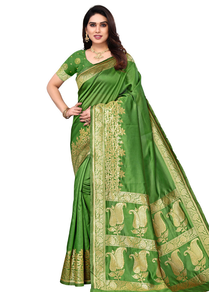 Green Spun Silk Saree With Blouse Piece - Indian Silk House Agencies