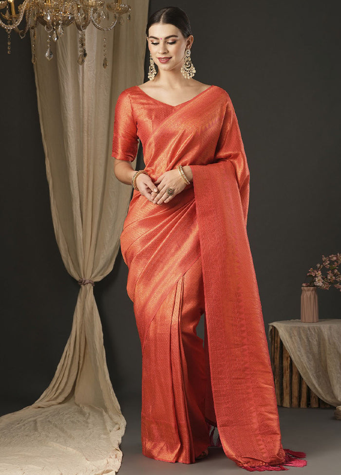 Coral Red Dupion Silk Saree With Blouse Piece