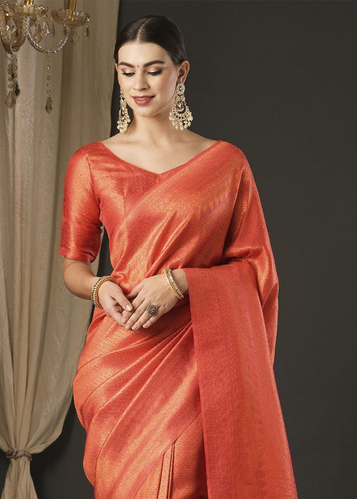 Coral Red Dupion Silk Saree With Blouse Piece