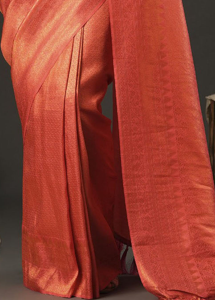 Coral Red Dupion Silk Saree With Blouse Piece