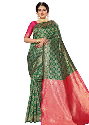 Green Spun Silk Saree With Blouse Piece - Indian Silk House Agencies