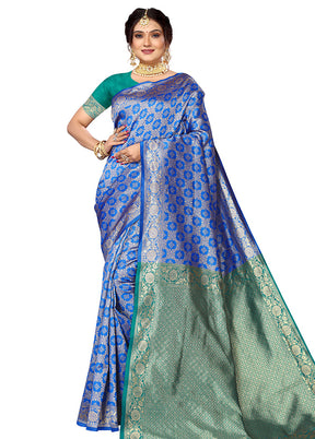 Blue Spun Silk Saree With Blouse Piece - Indian Silk House Agencies