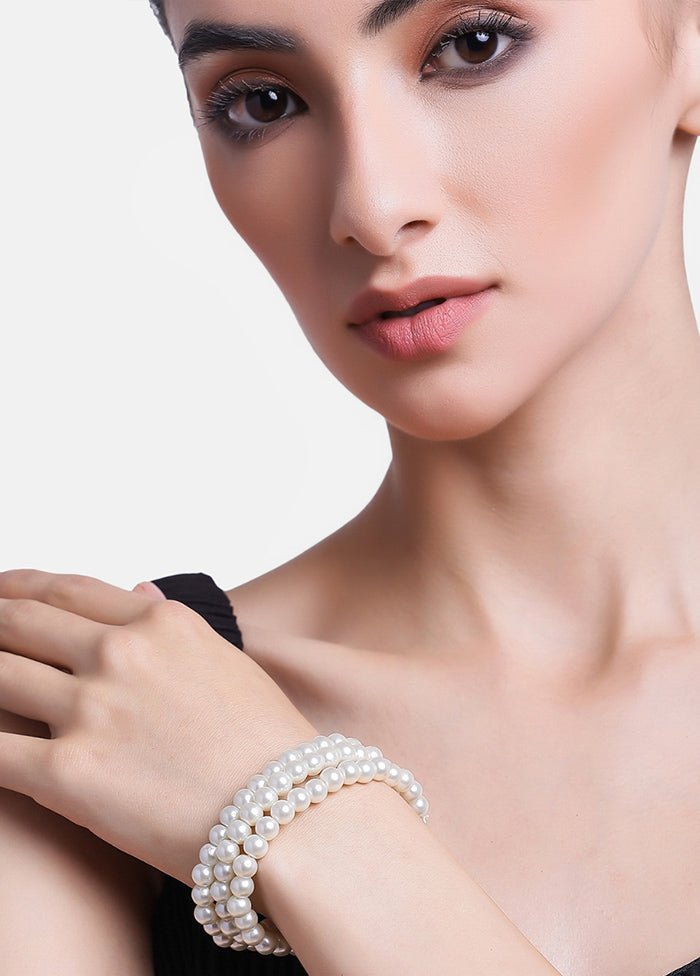 Rhodium Plated Graceful 3 Line Pearl Bracelet - Indian Silk House Agencies