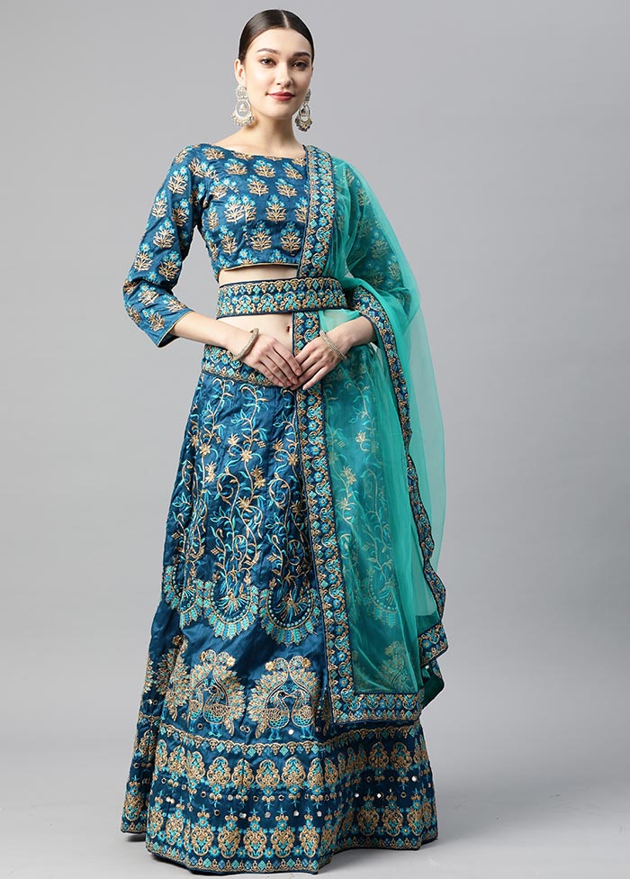 3 Pc Turquoise Crepe Semi Stitched Lehenga Set - Indian Silk House Agencies