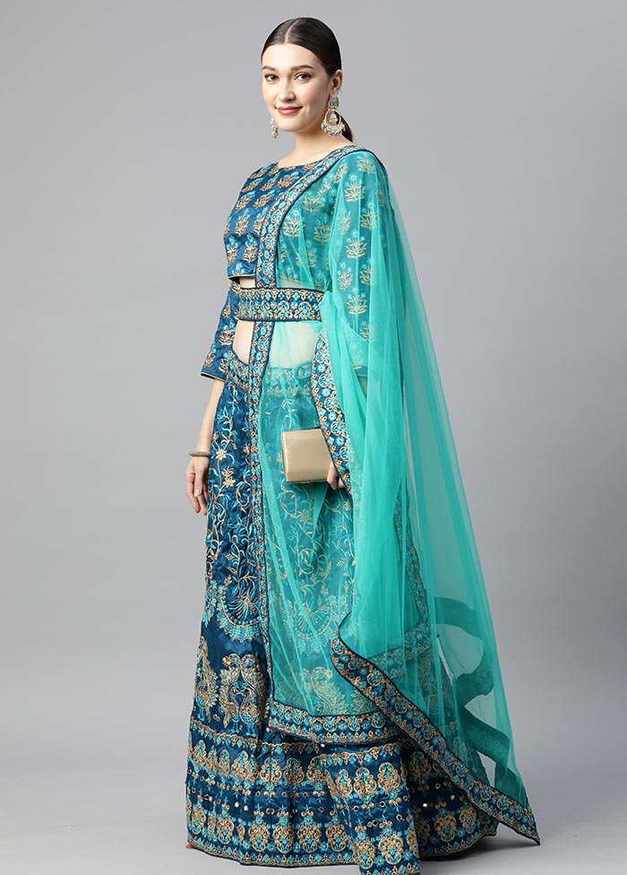 3 Pc Turquoise Crepe Semi Stitched Lehenga Set - Indian Silk House Agencies