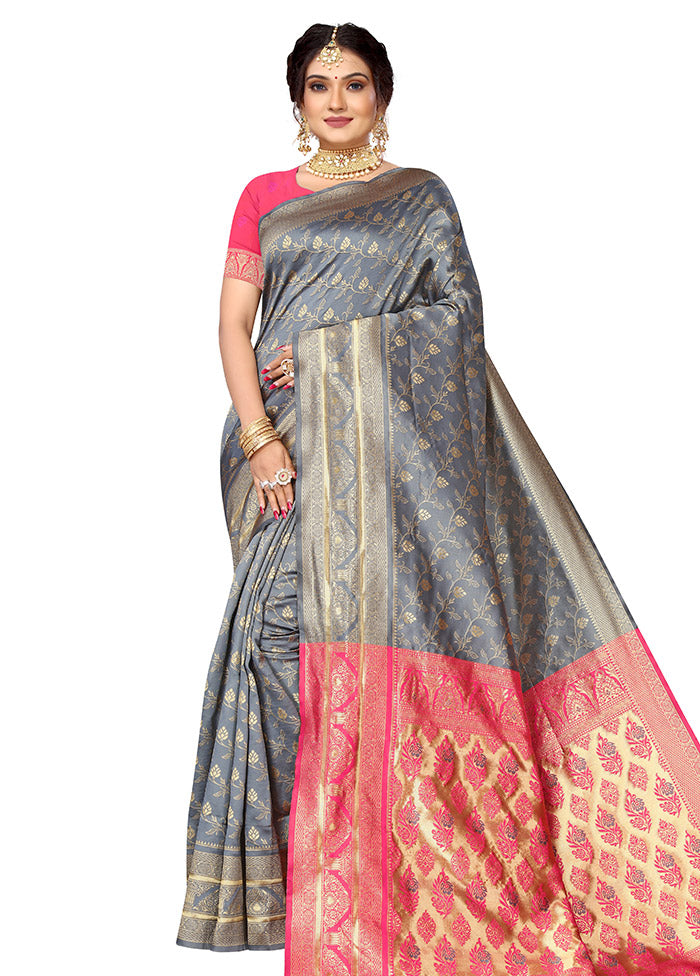 Grey Spun Silk Saree With Blouse Piece - Indian Silk House Agencies