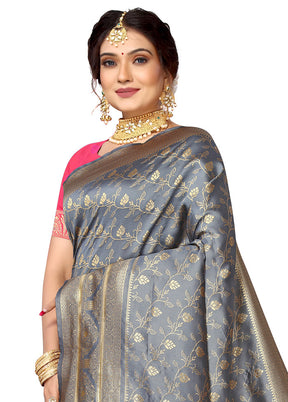 Grey Spun Silk Saree With Blouse Piece - Indian Silk House Agencies