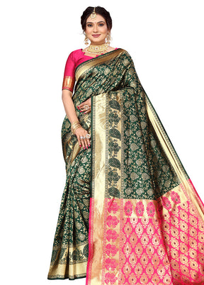 Green Spun Silk Saree With Blouse Piece - Indian Silk House Agencies