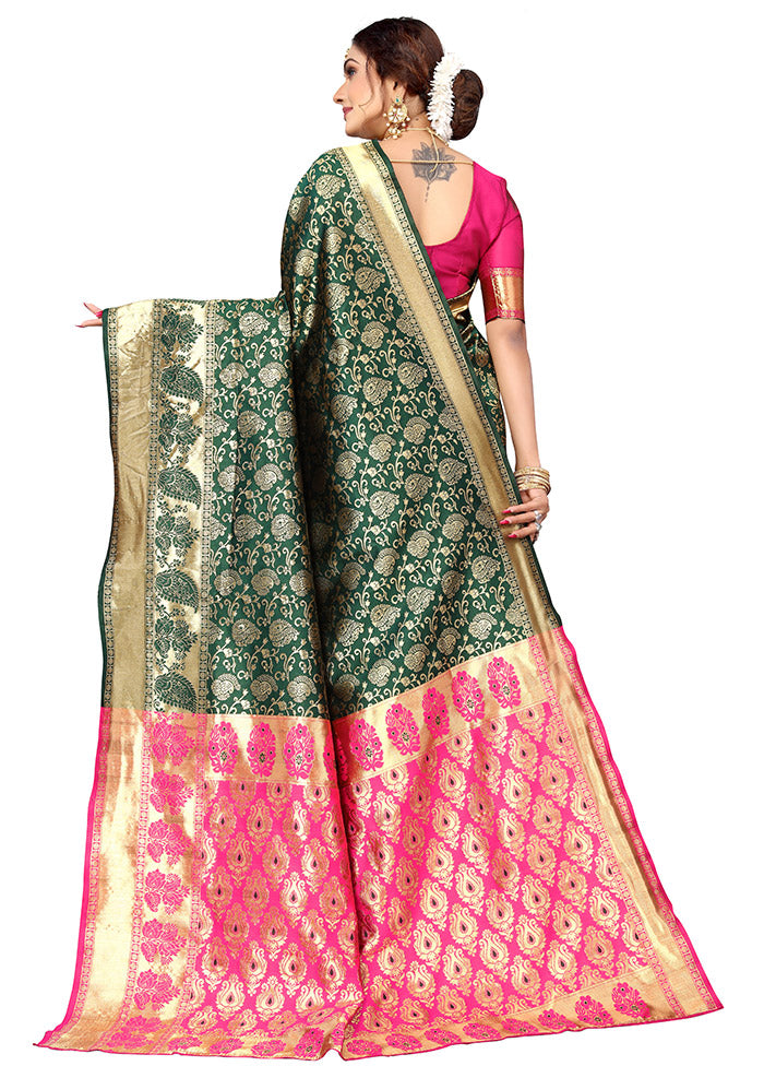 Green Spun Silk Saree With Blouse Piece - Indian Silk House Agencies