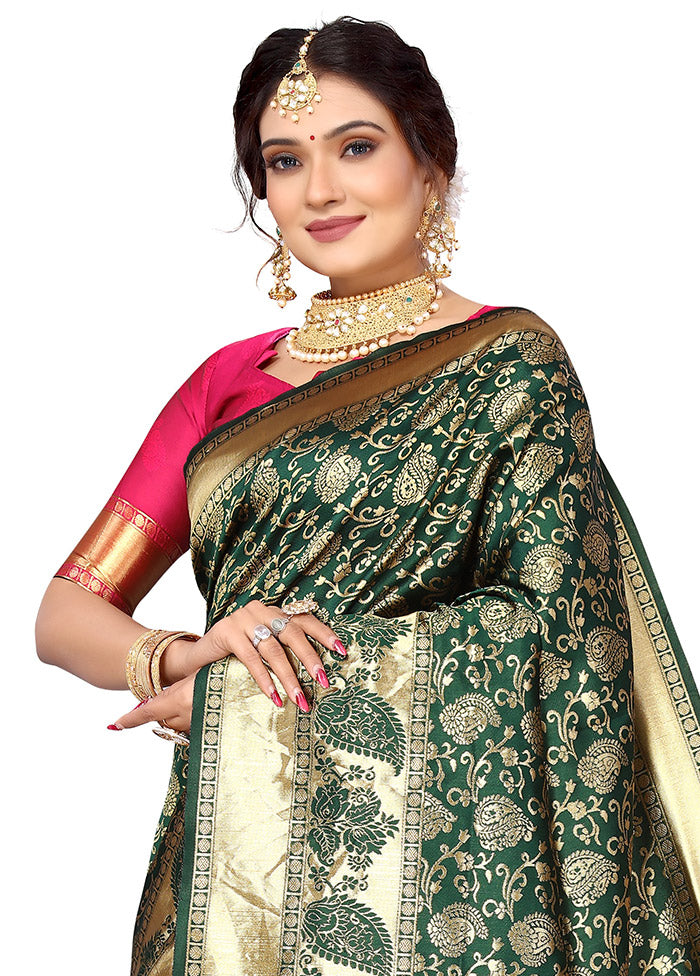 Green Spun Silk Saree With Blouse Piece - Indian Silk House Agencies