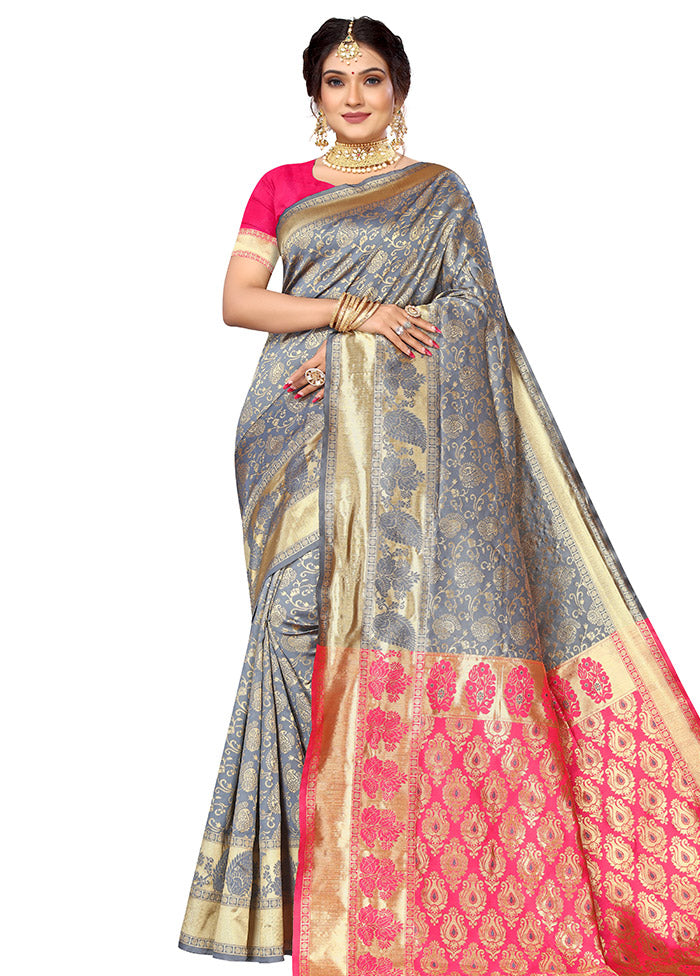 Grey Spun Silk Saree With Blouse Piece - Indian Silk House Agencies