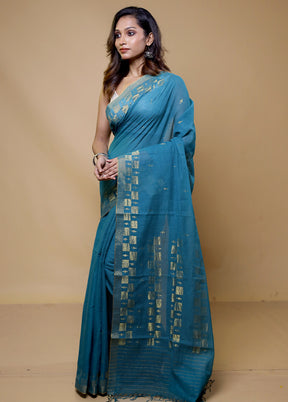 Blue Pure Cotton Saree With Blouse Piece