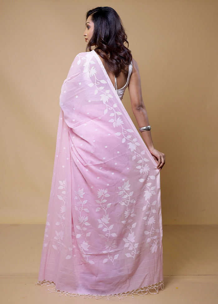 Pink Handloom Pure Cotton Saree With Blouse Piece