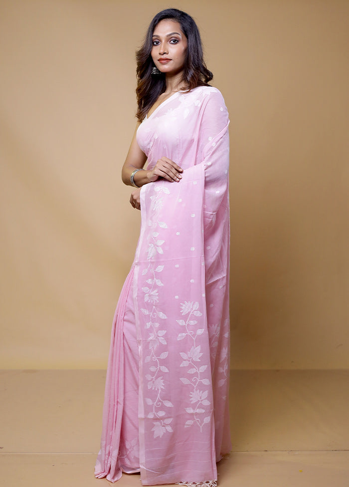 Pink Handloom Pure Cotton Saree With Blouse Piece