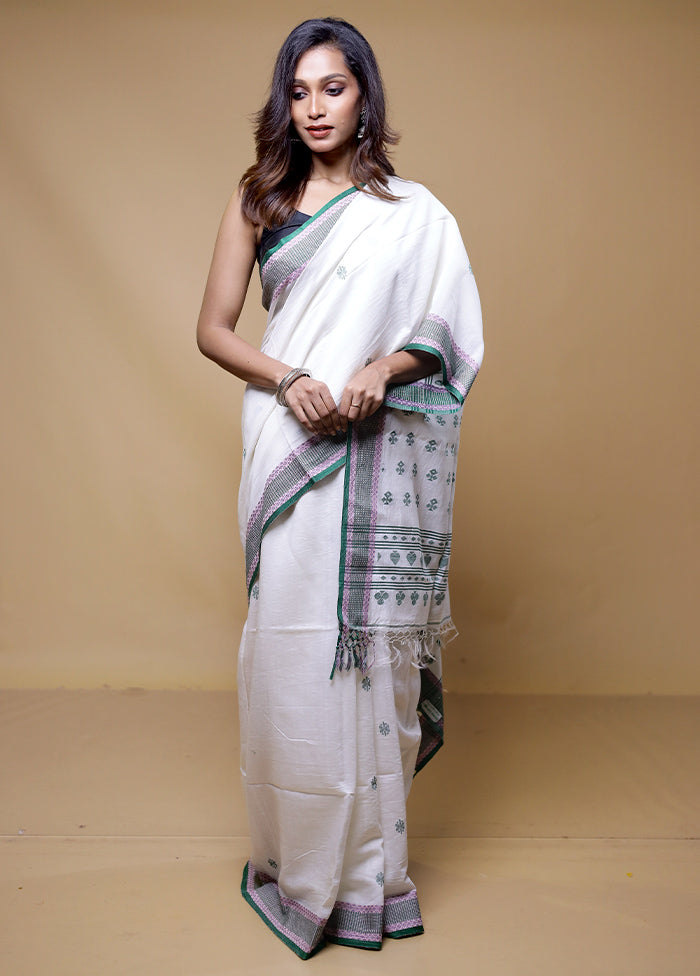 White Tussar Silk Saree With Blouse Piece