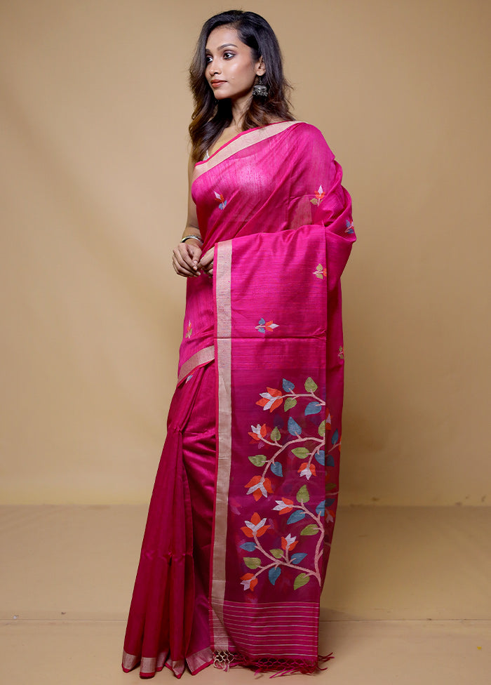 Pink Handloom Tussar Pure Silk Saree With Blouse Piece