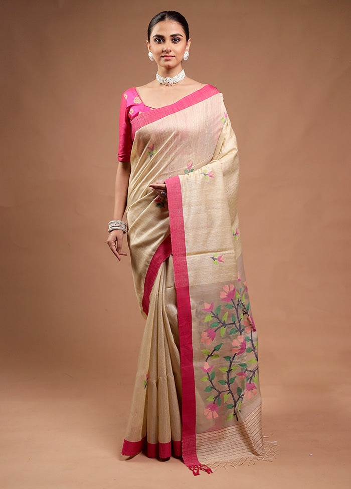 Cream Handloom Tussar Pure Silk Saree With Blouse Piece