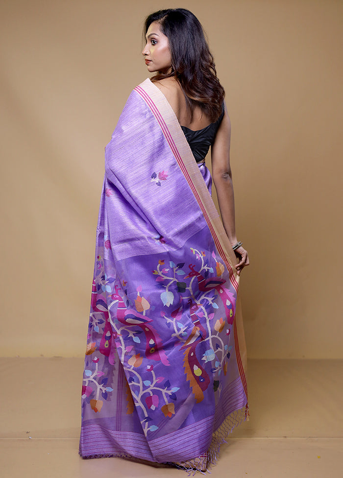 Purple Handloom Tussar Pure Silk Saree With Blouse Piece