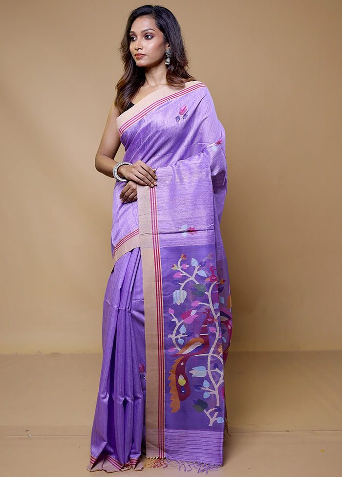 Purple Handloom Tussar Pure Silk Saree With Blouse Piece