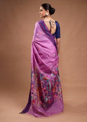 Purple Handloom Tussar Pure Silk Saree With Blouse Piece