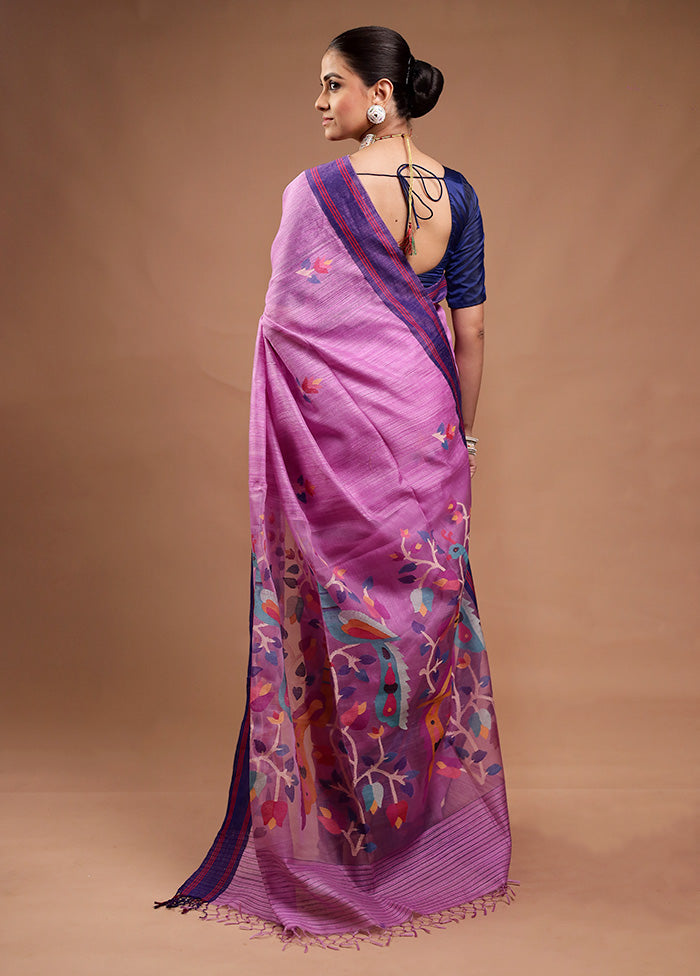 Purple Handloom Tussar Pure Silk Saree With Blouse Piece