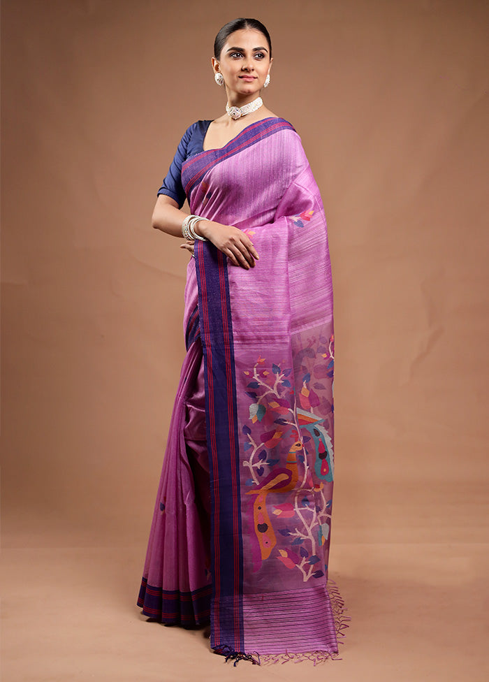 Purple Handloom Tussar Pure Silk Saree With Blouse Piece