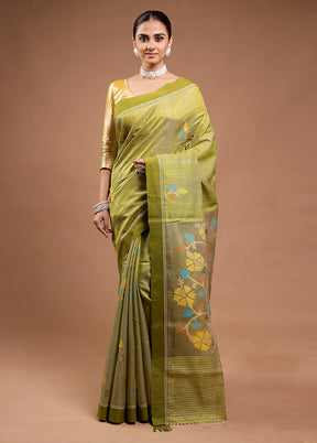 Green Handloom Tussar Pure Silk Saree With Blouse Piece