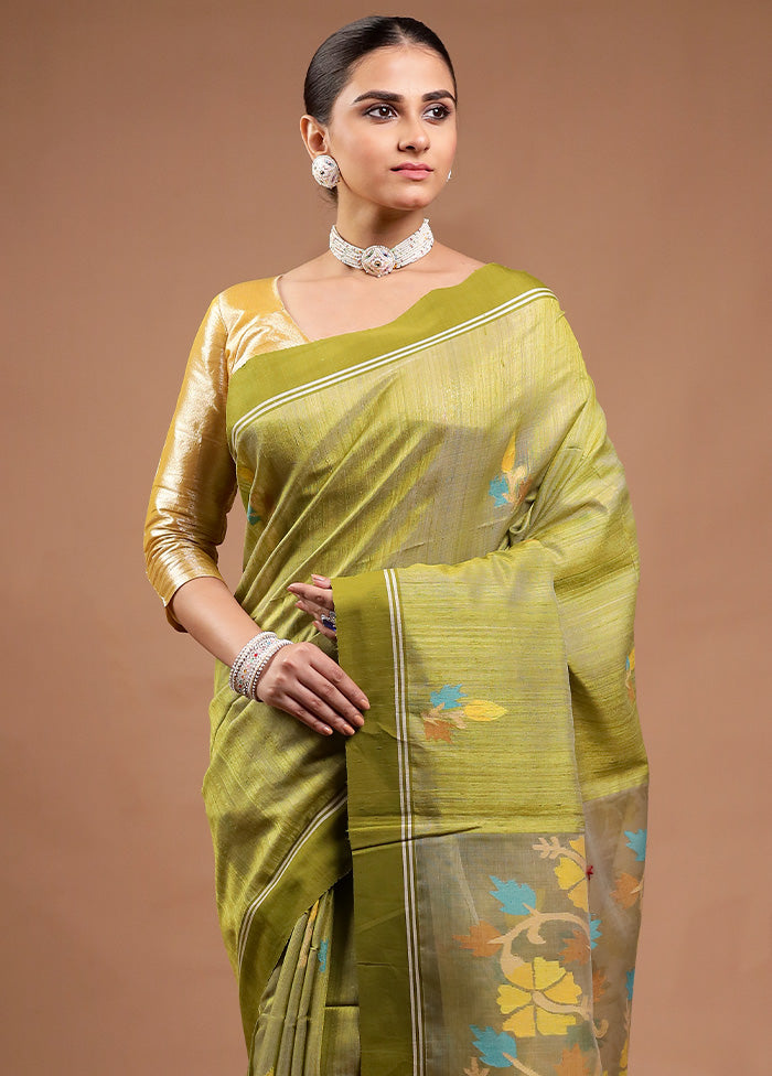 Green Handloom Tussar Pure Silk Saree With Blouse Piece