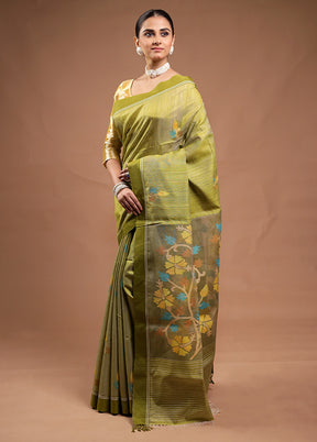 Green Handloom Tussar Pure Silk Saree With Blouse Piece