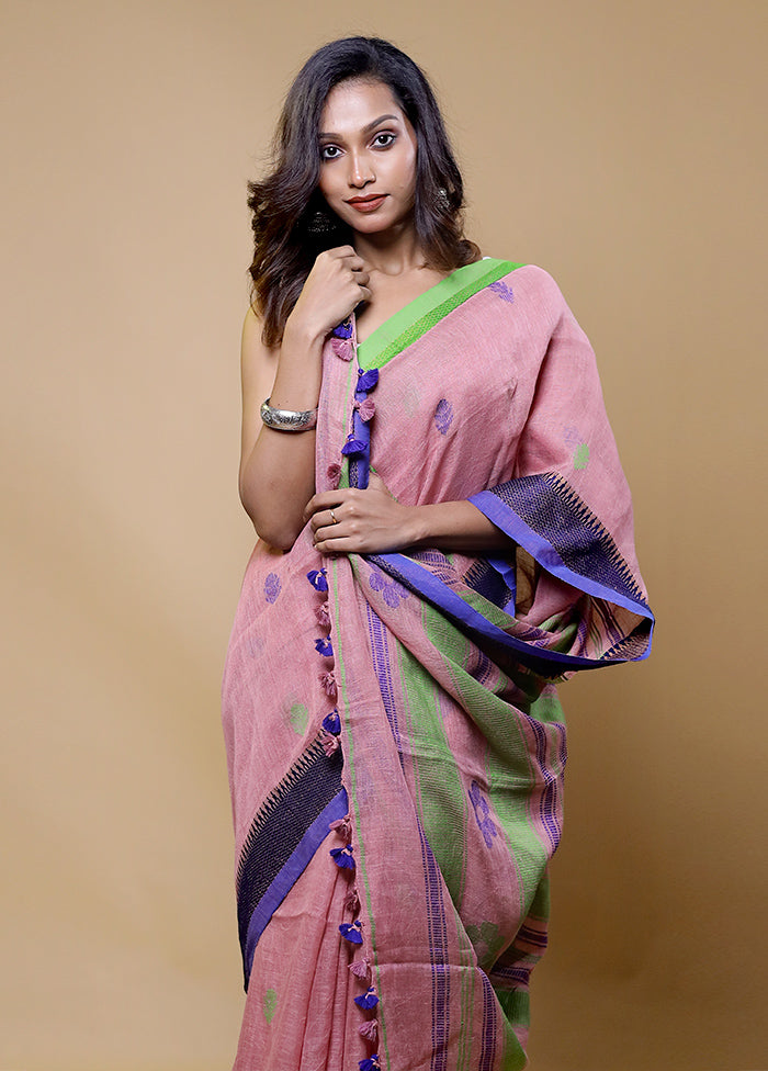 Pink Linen Silk Saree With Blouse Piece