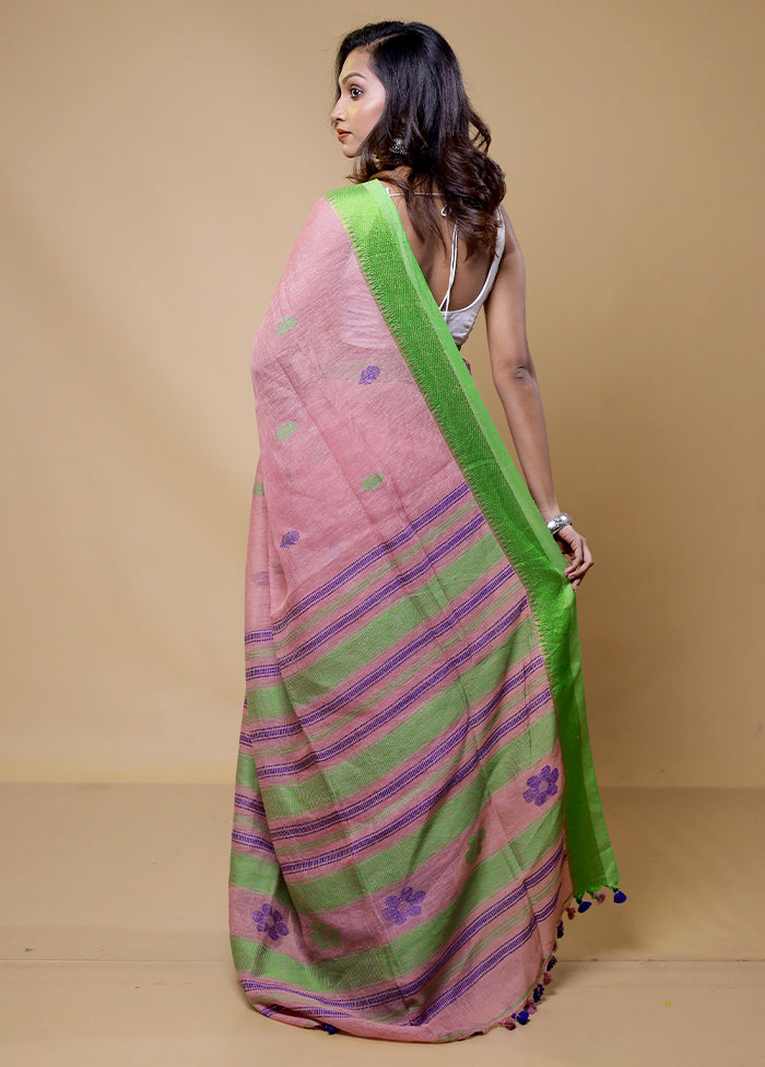 Pink Linen Silk Saree With Blouse Piece