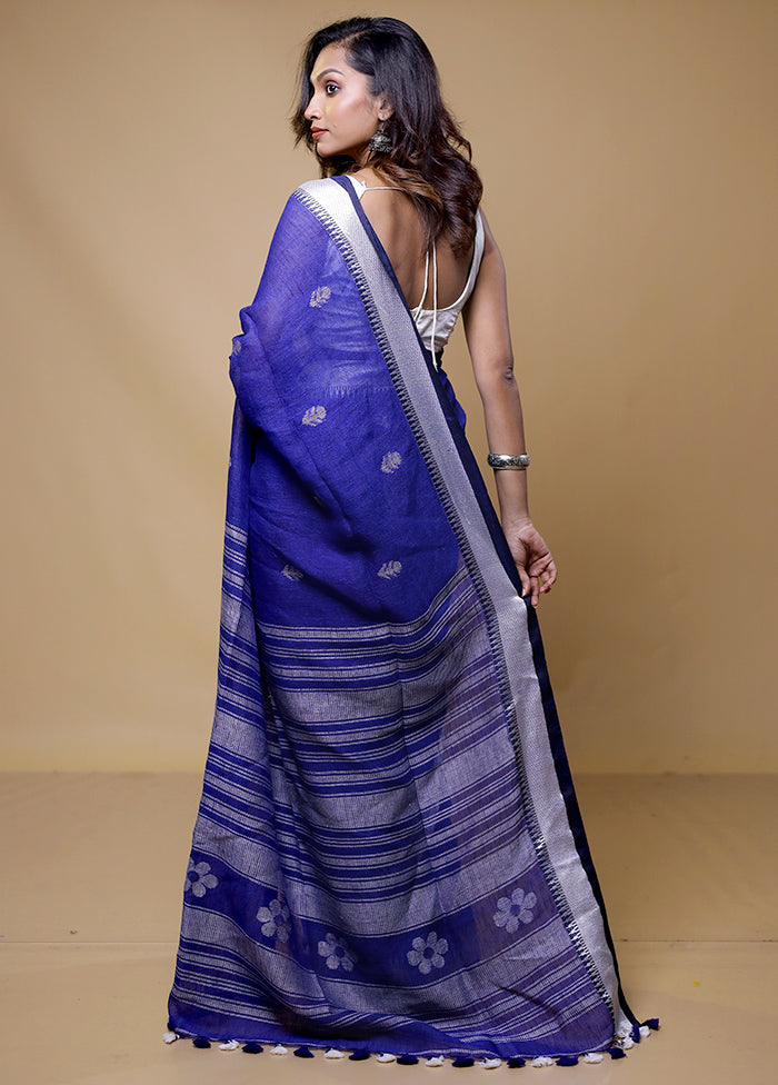 Blue Linen Silk Saree With Blouse Piece