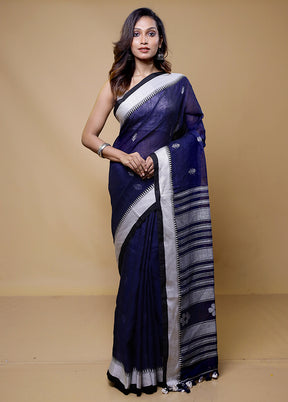 Blue Linen Silk Saree With Blouse Piece