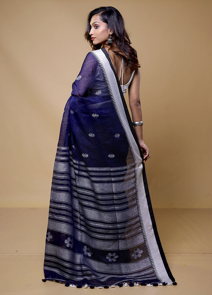 Blue Linen Silk Saree With Blouse Piece