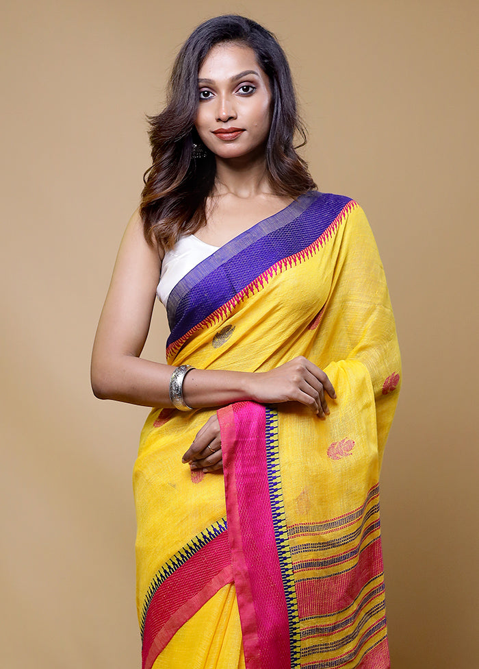 Yellow Linen Silk Saree With Blouse Piece