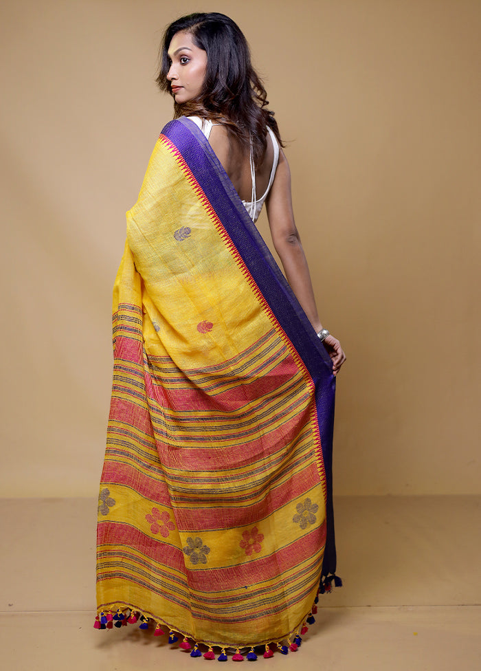 Yellow Linen Silk Saree With Blouse Piece