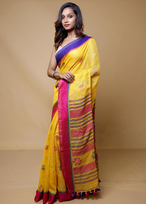 Yellow Linen Silk Saree With Blouse Piece