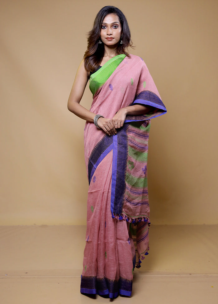 Pink Linen Silk Saree With Blouse Piece