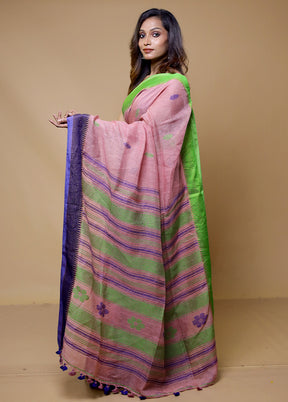 Pink Linen Silk Saree With Blouse Piece