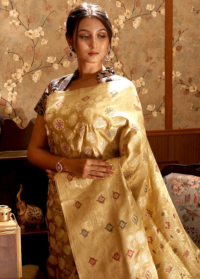 Cream Banarasi Pure Silk Handloom Saree With Blouse - Indian Silk House Agencies