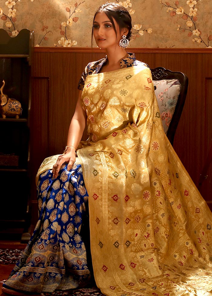Cream Banarasi Pure Silk Handloom Saree With Blouse - Indian Silk House Agencies