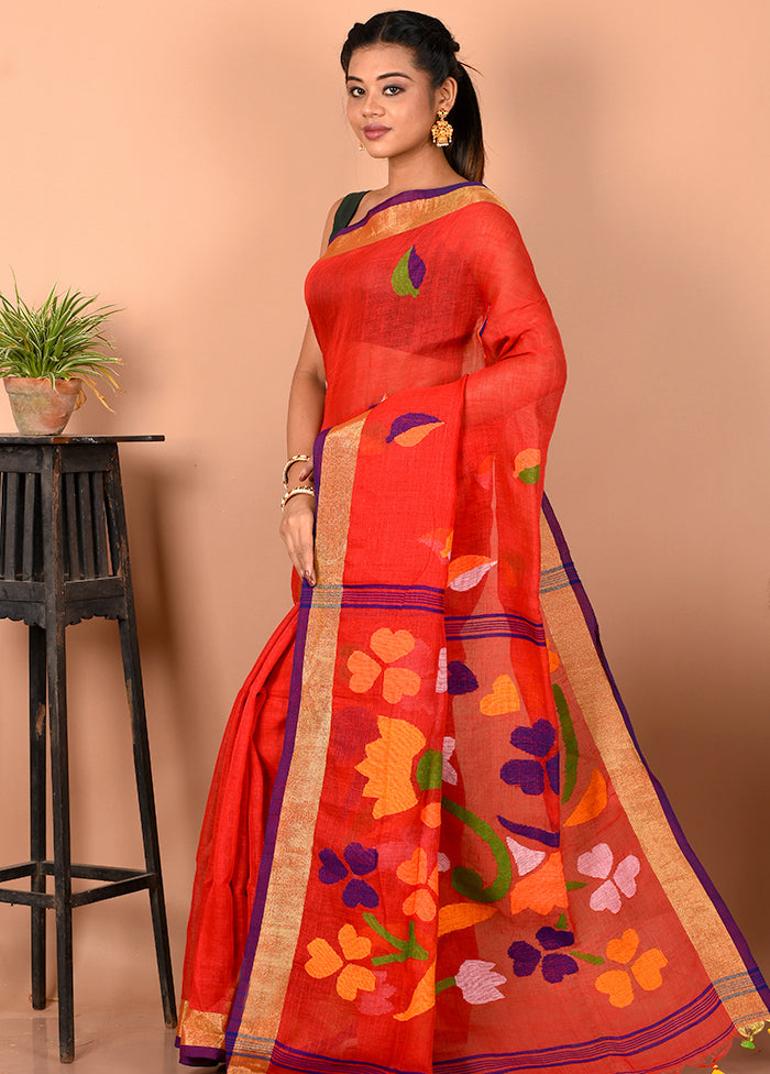 Red Linen Silk Saree With Blouse Piece - Indian Silk House Agencies