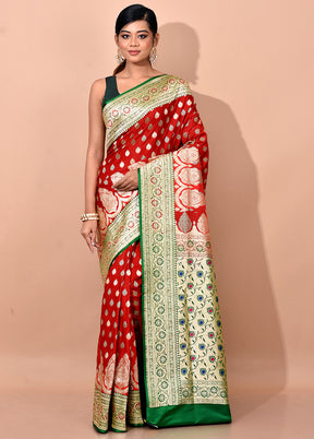 Bridal Red Banarasi Silk Saree With Blouse Piece - Indian Silk House Agencies