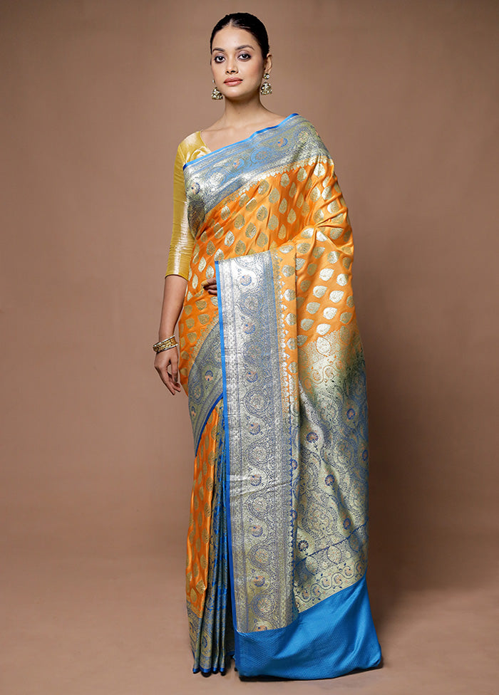 Orange Banarasi Silk Saree With Blouse Piece