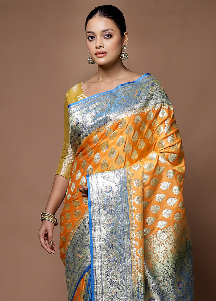 Orange Banarasi Silk Saree With Blouse Piece