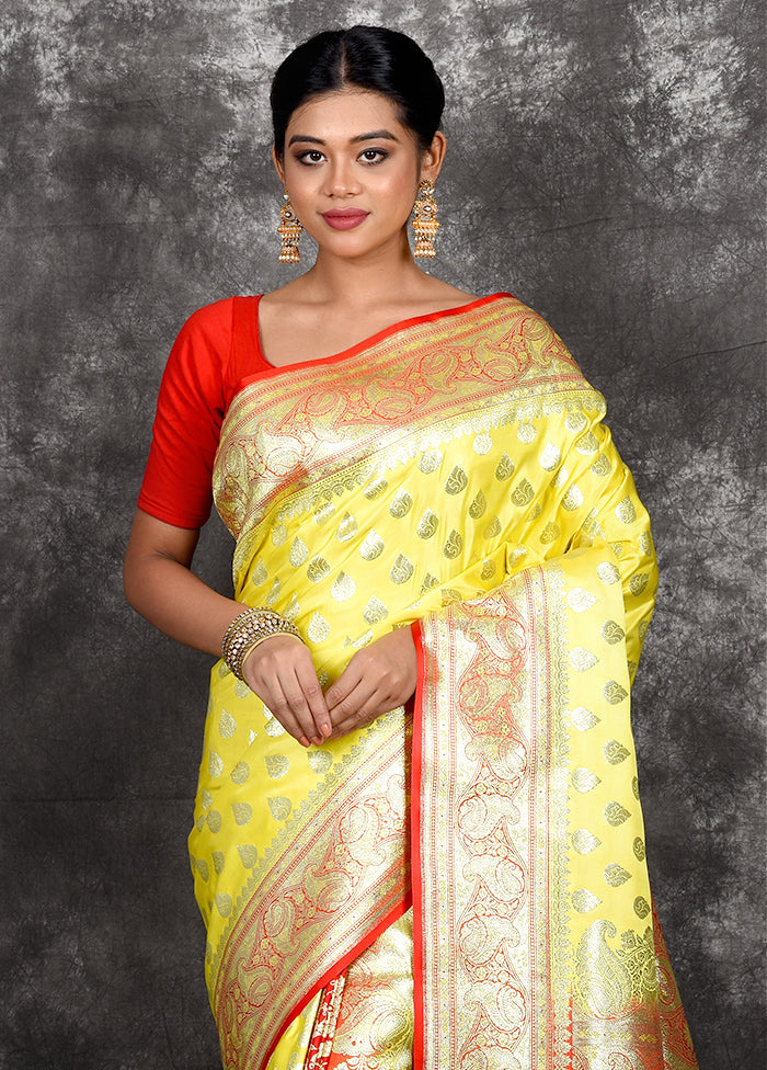 Yellow Patli Pallu Banarasi Silk Saree With Blouse Piece - Indian Silk House Agencies