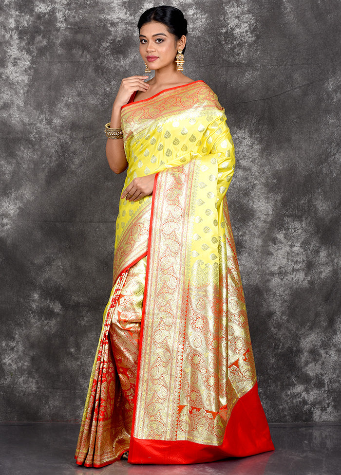 Yellow Patli Pallu Banarasi Silk Saree With Blouse Piece - Indian Silk House Agencies