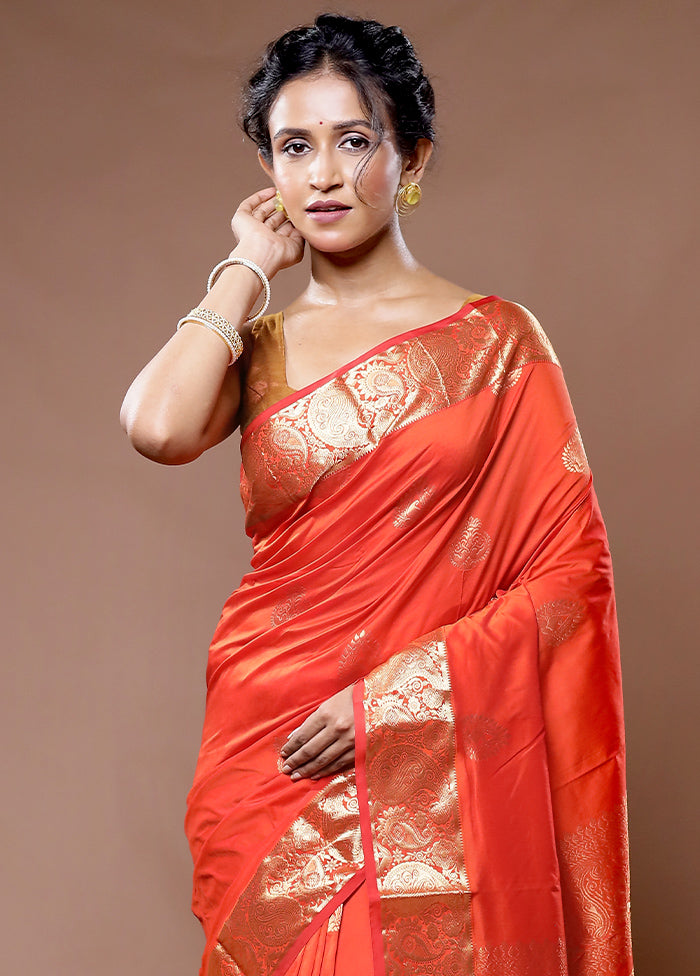 Rust Kanjivaram Silk Saree With Blouse Piece