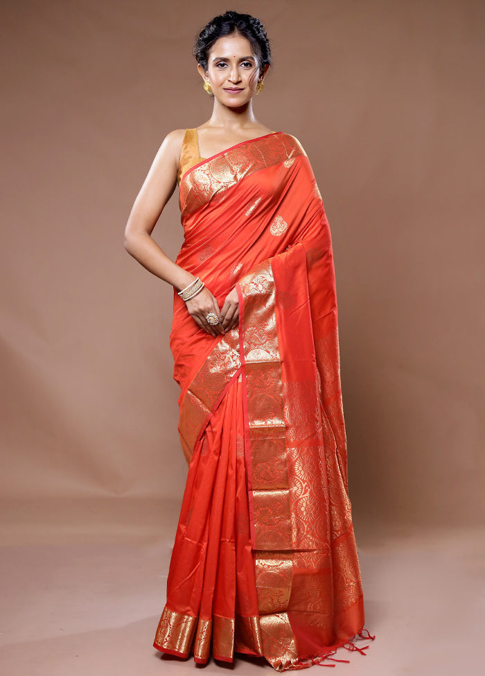 Rust Kanjivaram Silk Saree With Blouse Piece