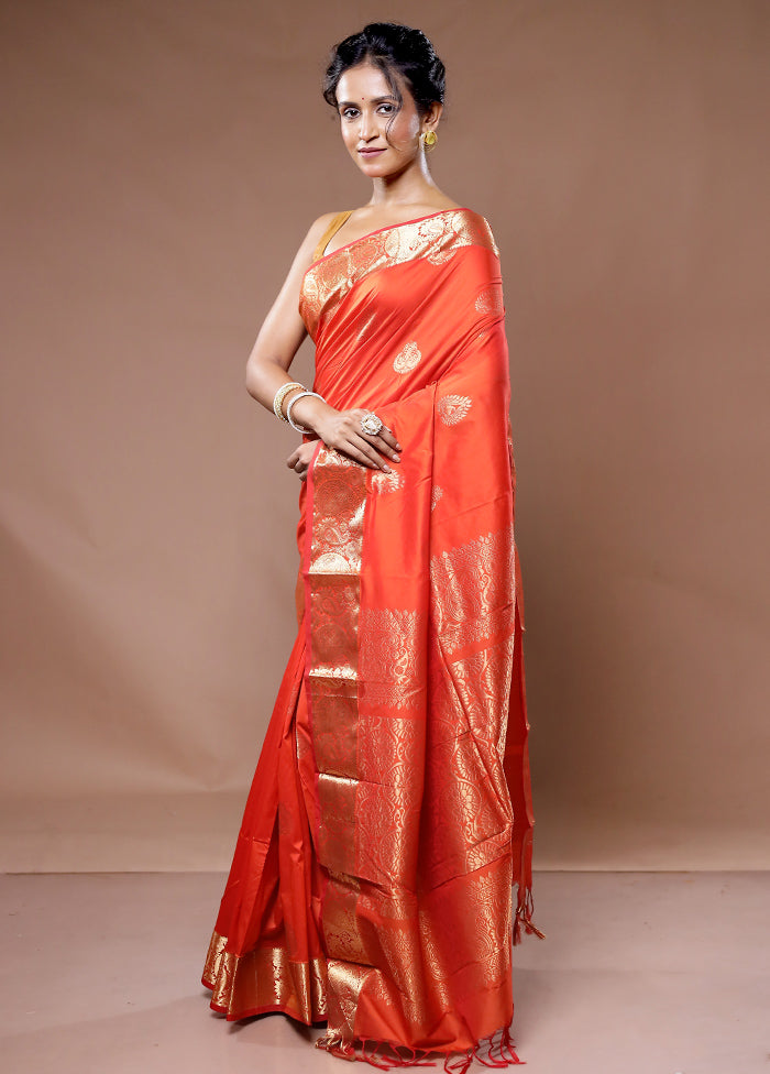 Rust Kanjivaram Silk Saree With Blouse Piece